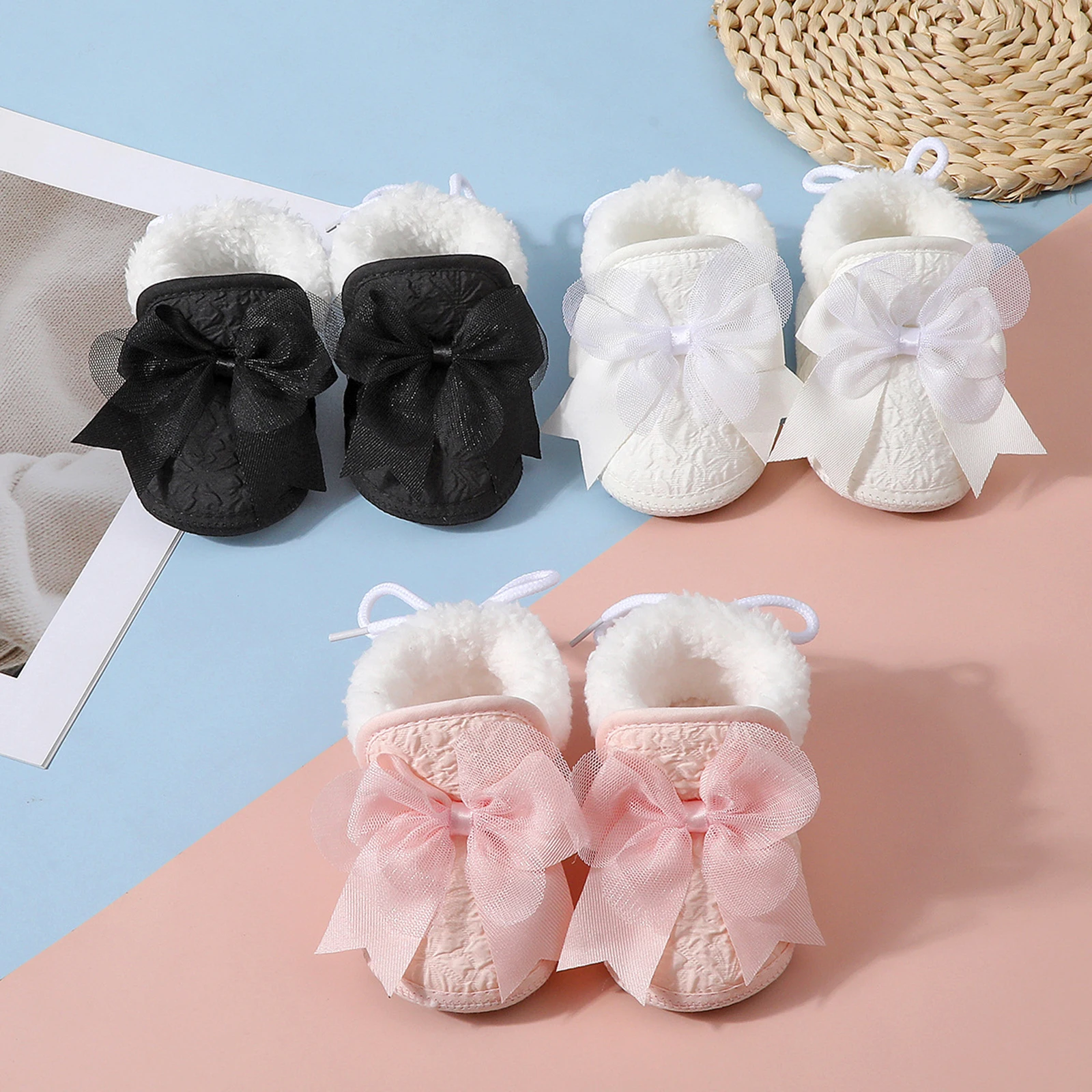 

Зимняя обувь Blotona с бантом для маленьких девочек и ручкой, милая плюшевая подкладка с завязками на мягкой подошве, нескользящая детская прогулочная обувь