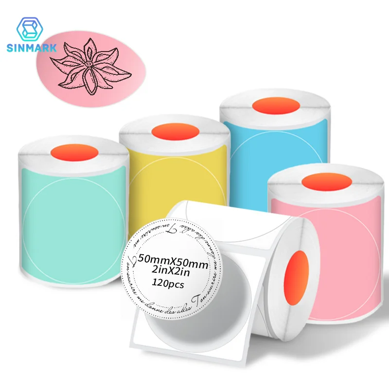 SINMARK 50mm Round Color Thermal Label Paper Circle Waterproof Labels Gift Tags Self-Adhesive Stickers Use for Portable Printer