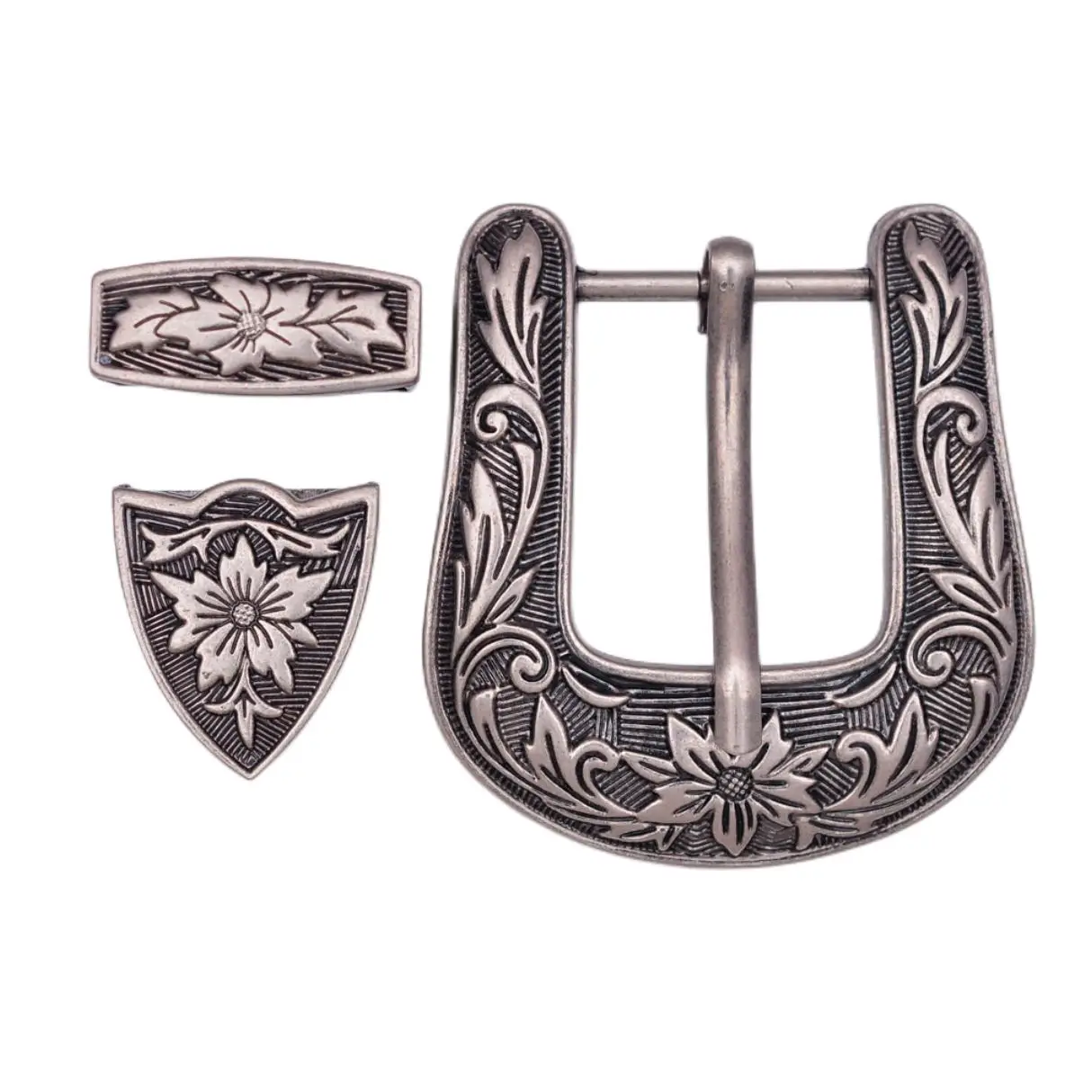 

Western Cowboy Cowgirl Rodeo 3PCS Set Antique Silver Floral Engraved Replacement Jeans Leather Belt Buckle Fit 1" Belt Strap