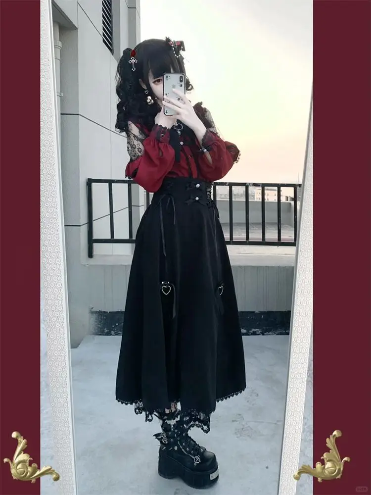 

Lolita Casual Blouse Lace Fold Hollow-out Bow Lantern Sleeve Pearl Button Slim Blouse Sweet Lace-up Janpanese Style Autumn