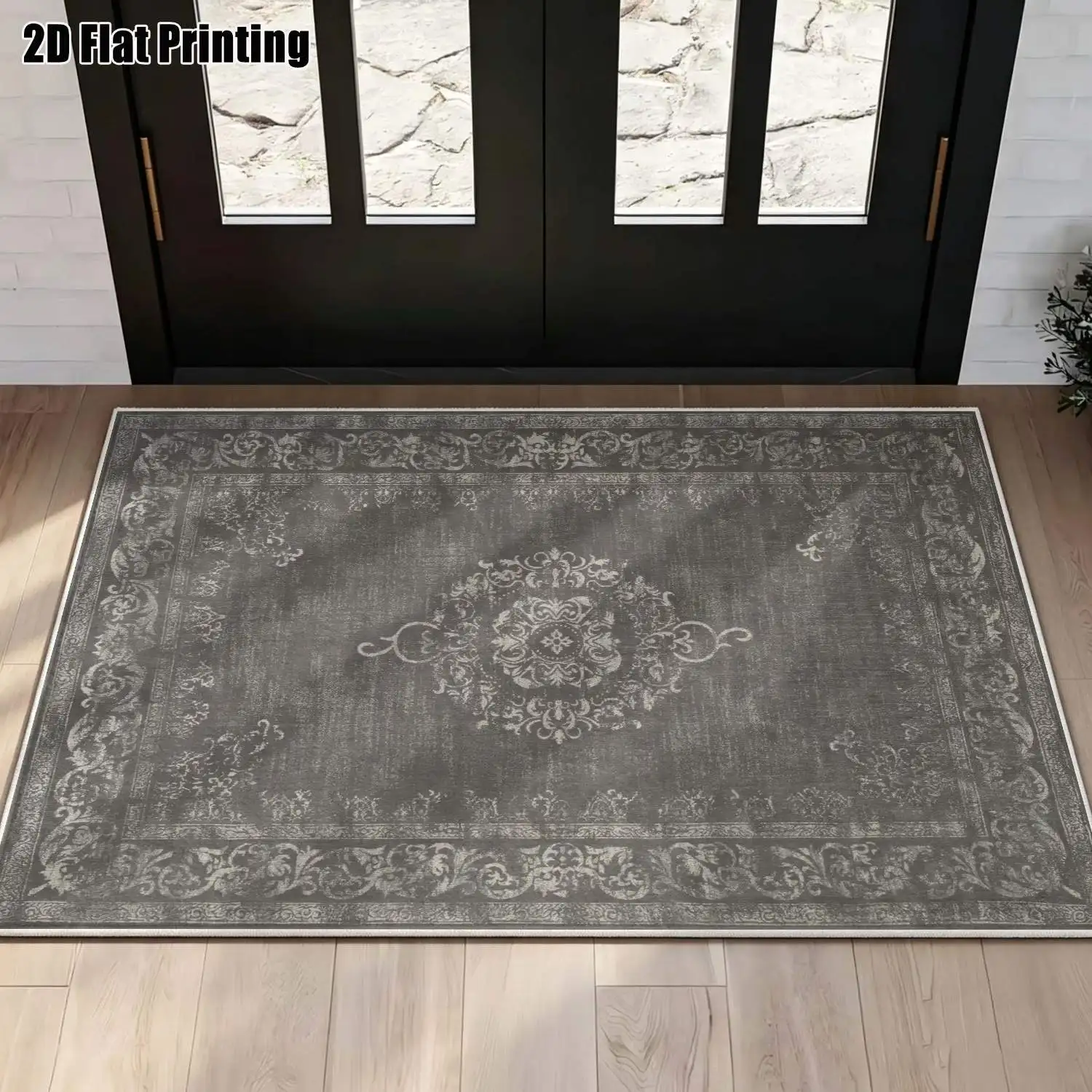 1Pc 2D Printed Retro Gray Floral Velvet Carpet, European Boho Geometric Pattern, Multi-Size Machine Washable Home Rug for Entrance, Dining, Bedroom, Living Room