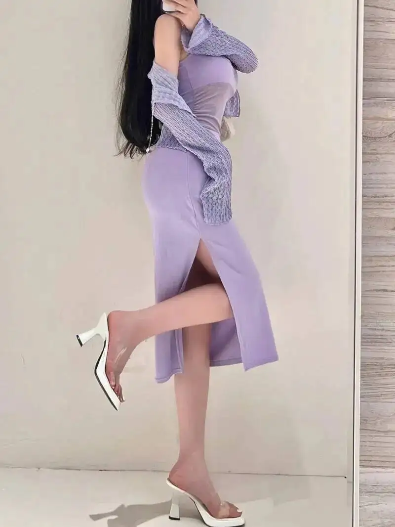 Sexy Hollow Out Suspender Dress Elegant For Women Summer Pure Desire Mesh Patchwork Long Dresses Purple Sweet Women D6SB