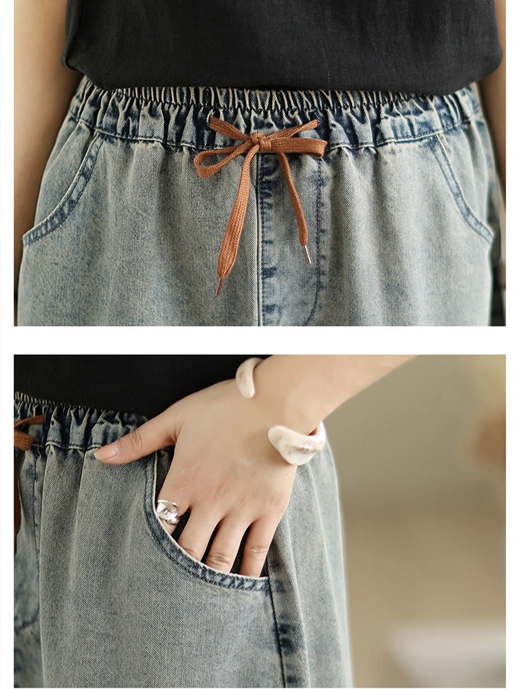 빈티지 자수 데님 롱 스커트 여성 캐주얼 루즈 빅 사이즈 스트레이트 청바지 스커트 레트로 스트레치 허리 a 라인 Faldas Largas