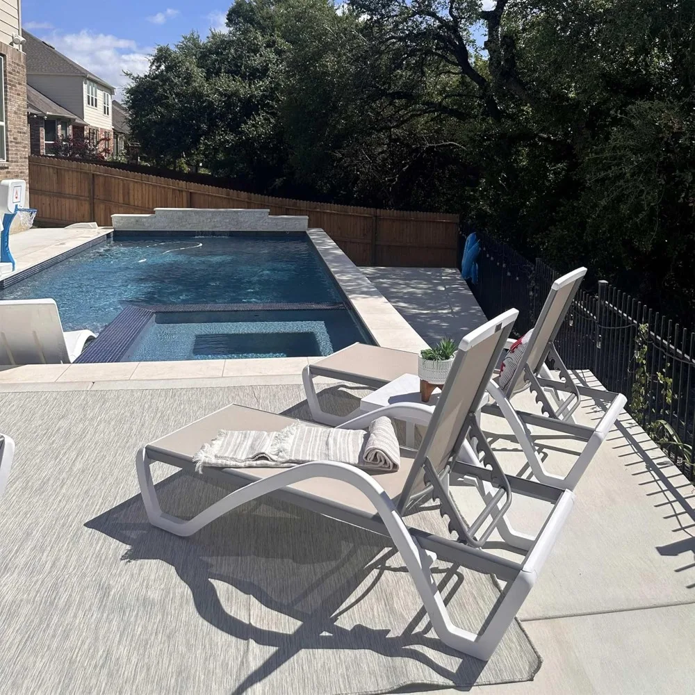 3-Piece Patio Chaise Lounge Set, Aluminum Plastic Stackable Chairs with Armrests & Side Table for Pool & Beach