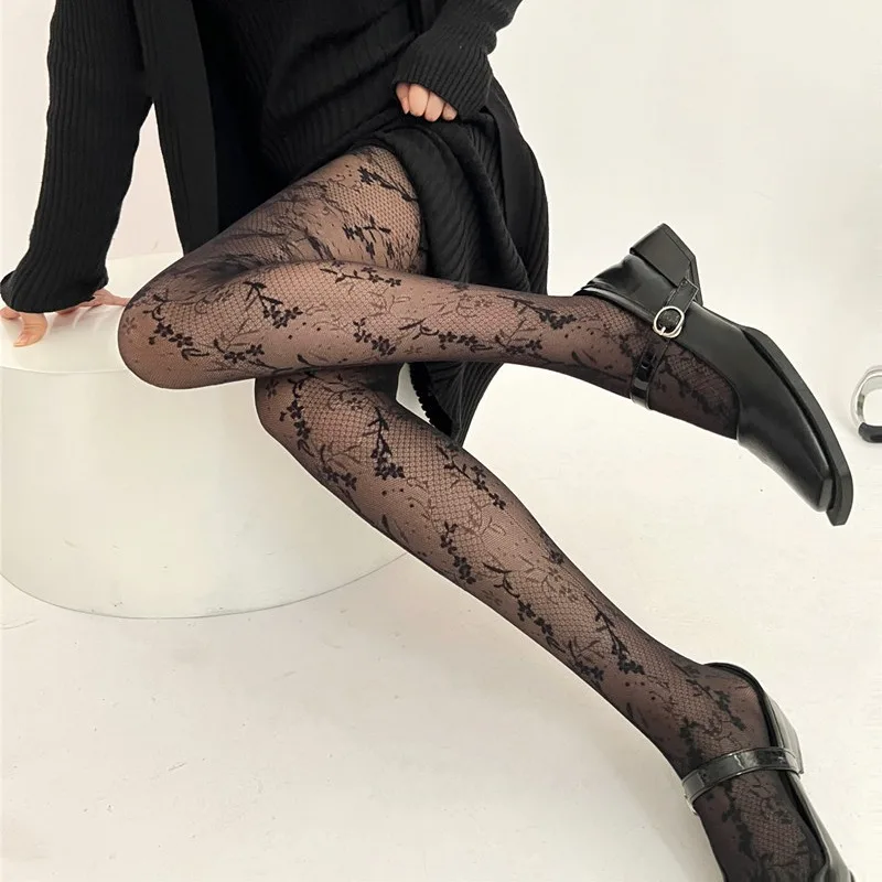 Retro Floral Pattern Women\'s Pantyhose Thin Sheer Hottie Personality Light Shade Layering Plant Vines Sexy Nylon Tights