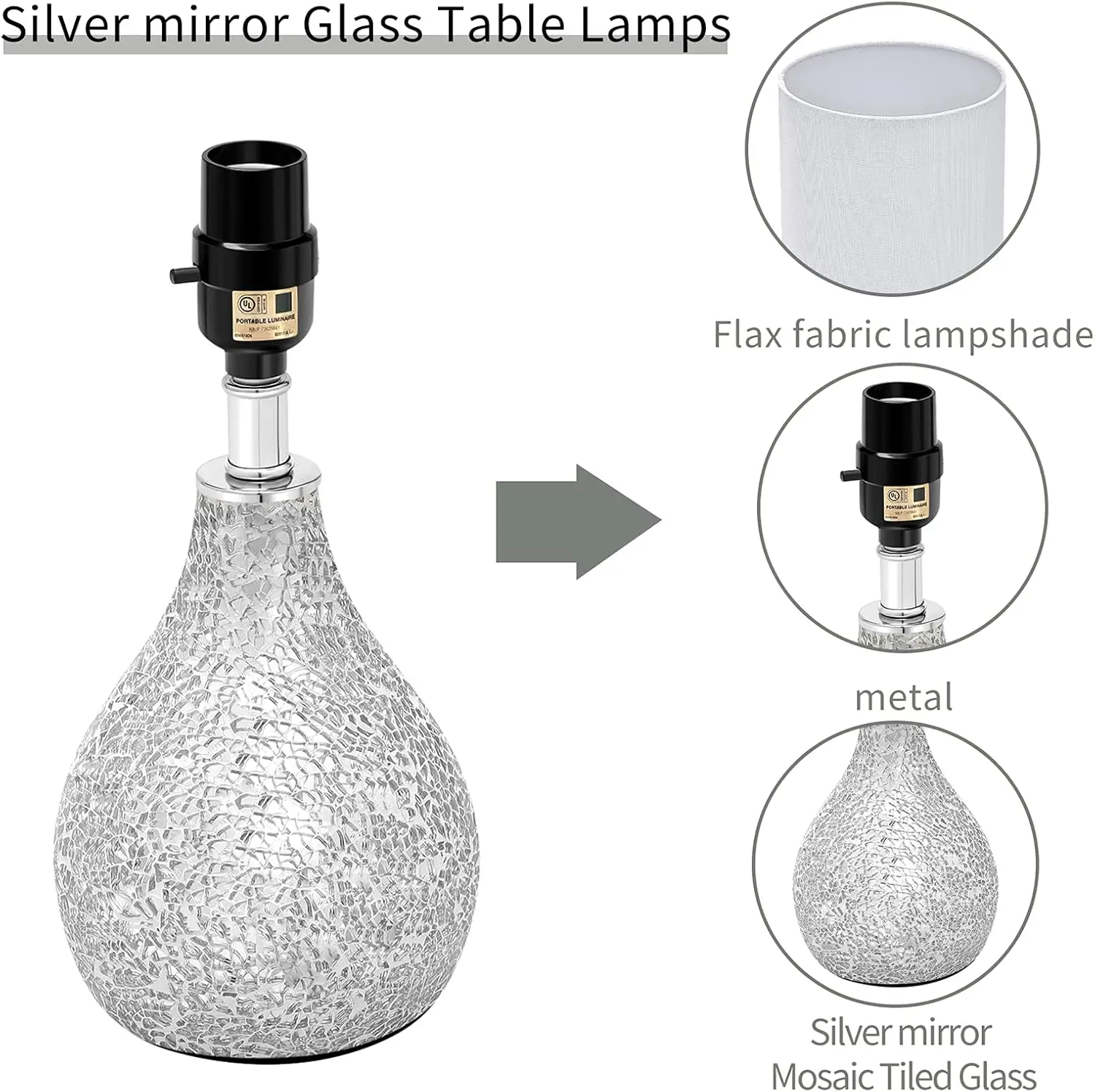 Juego de 2 lámparas de mesa de cristal mosaico con diseño de calabaza plateada y espejo moderno, 17,5' para dormitorio, sala de estar, escritorio de oficina