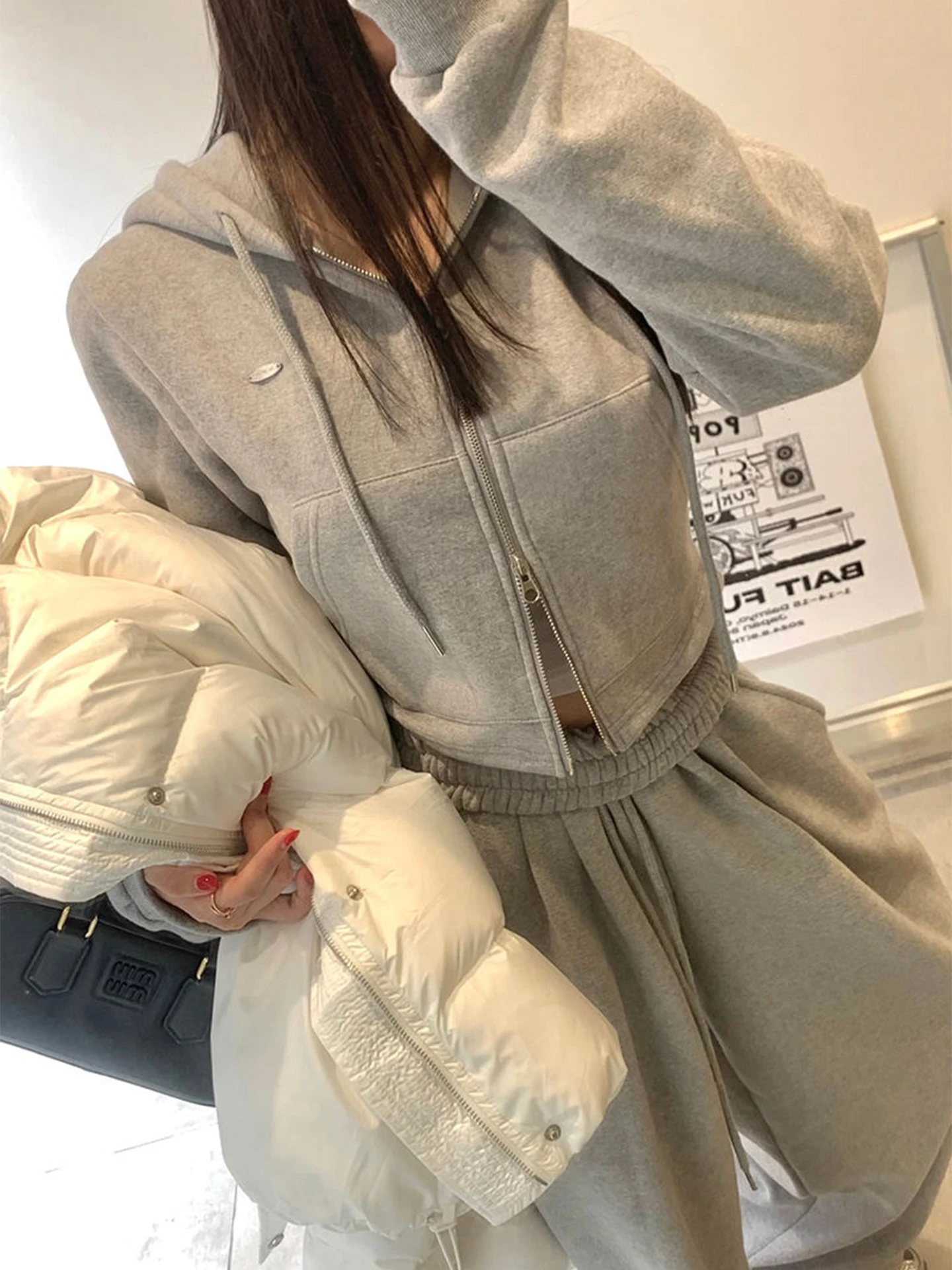 Liangliang Casual Sports Fleece Lined Hooded Sweatshirt Jacket Women's Autumn Winter Elastic Waist Wide Leg Casual Pants Two ...