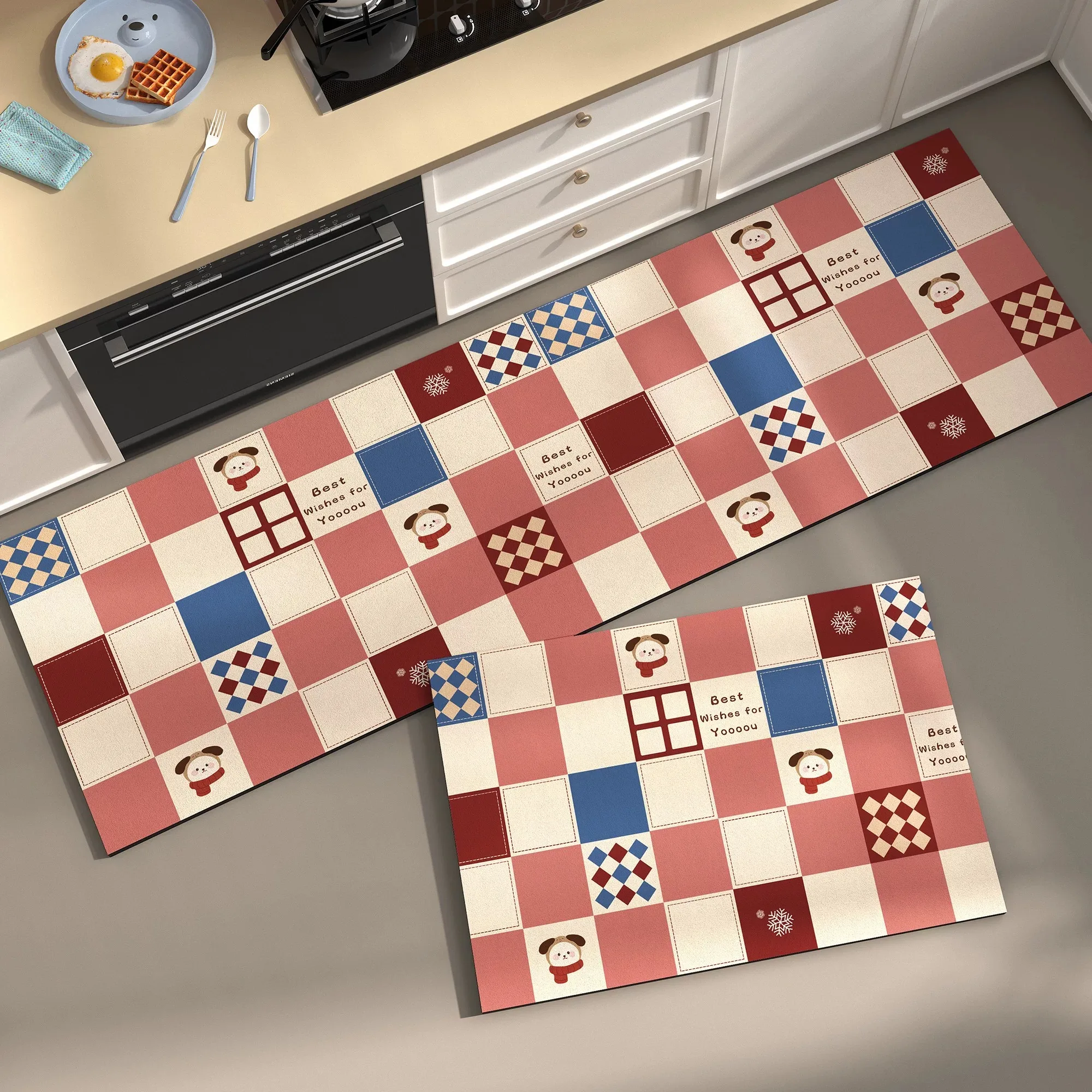 Cartoon Plaid Kitchen Floor Mat Non-slip Carpet PVC Leather Washable Rug Dirty Resistant Oil-proof Mats Long Strip Runner Rugs