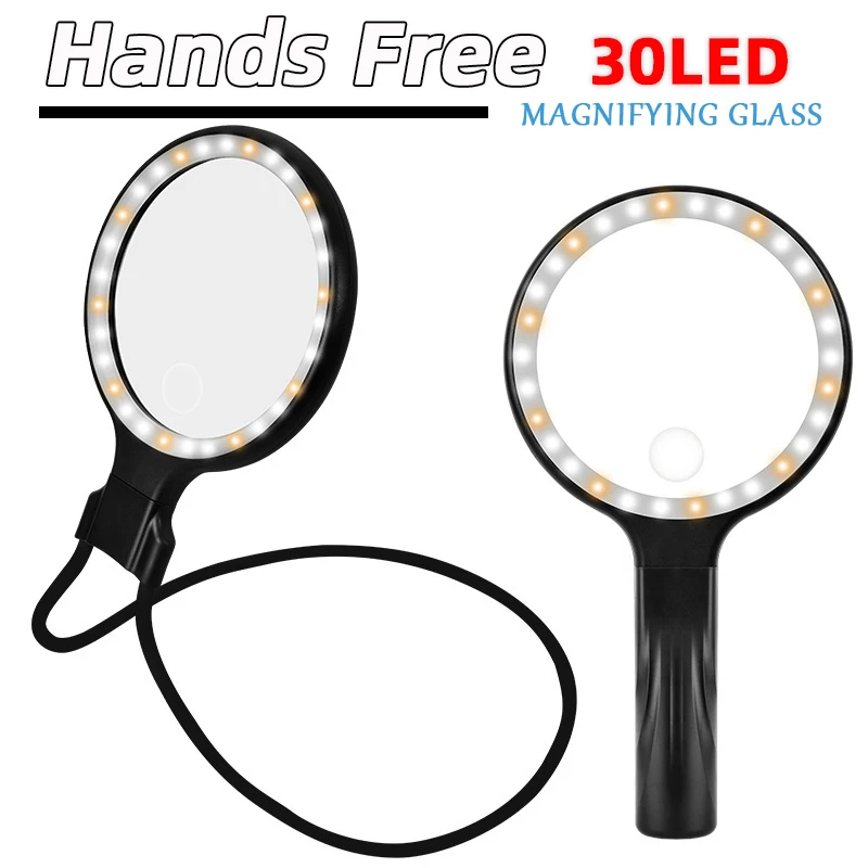 Hands Free Magnifying Glass with 30LED Lights,Portable 2 In 1 Handheld/Neck Wear Magnifier for Reading Sewing and Handicrafting
