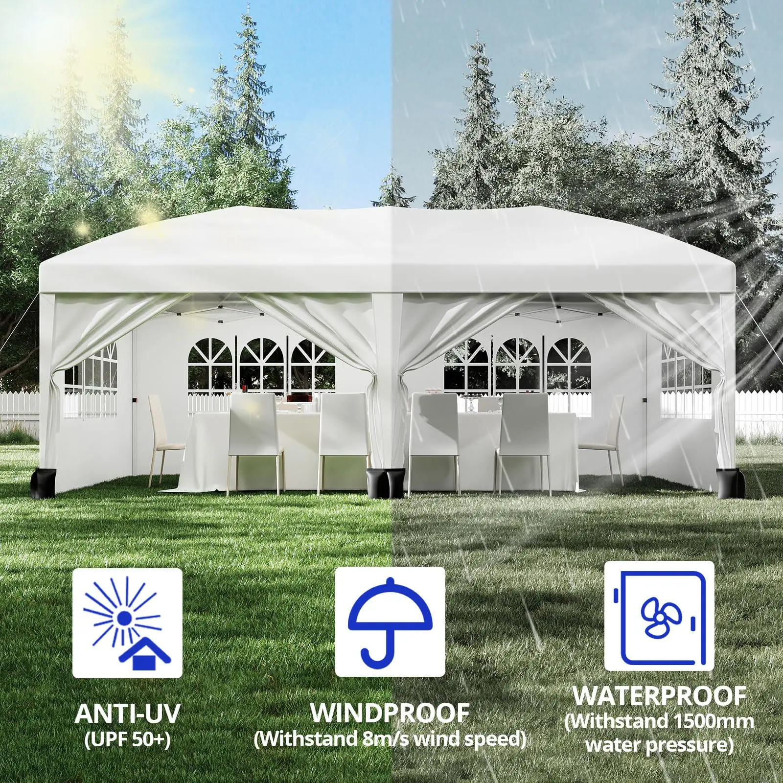 10x10 Pop Up Canopy with 4 Sidewalls, Outdoor Portable Instant Canopy Tent, Waterproof Pop Up Tent, Versatile Gazebo for Camping, Outdoor Parties, Backyard,Beach Activities,White