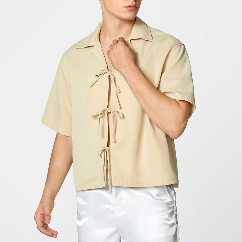 INCERUN الرجال قميص بلون التلبيب قصيرة الأكمام الدانتيل يصل ملابس الرجال غير رسمية الشارع الشهير 2025 الصيف موضة الذكور القمصان S-5XL #1