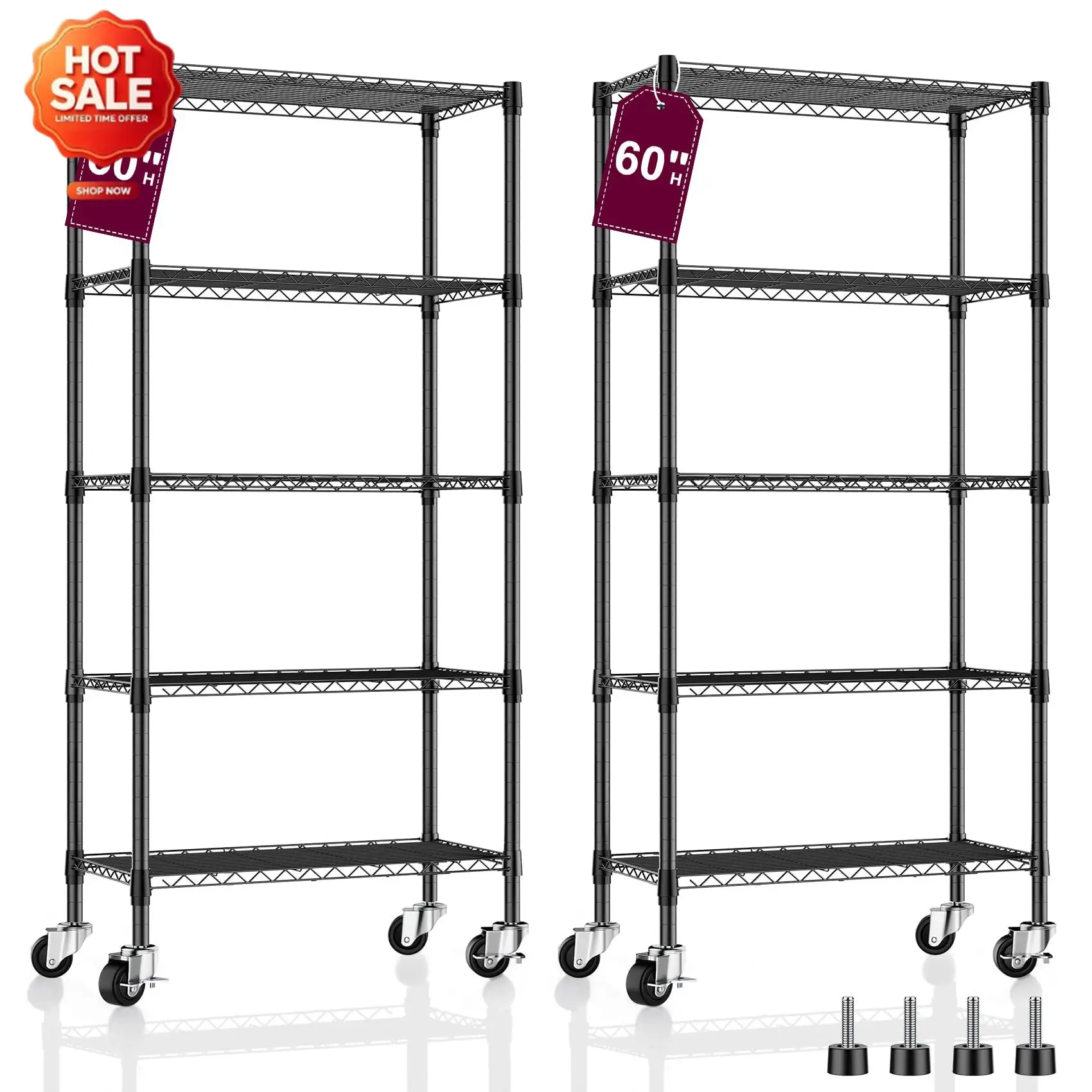 2 Pack 5-Tier Metal Wire Shelving Unit with Wheels & Feet, 14