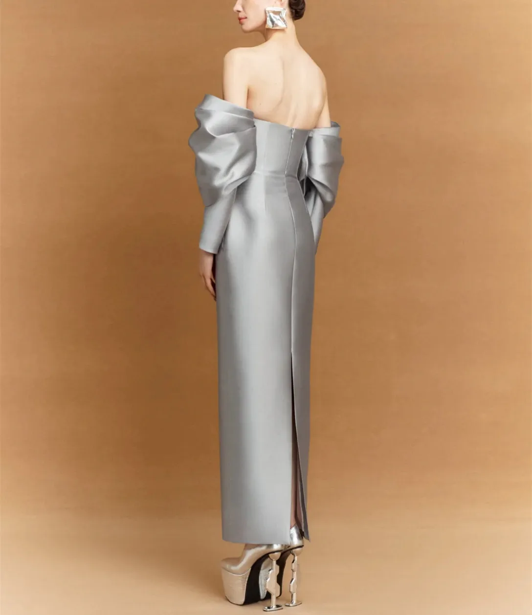 

Customized Long Gray Evening Dresses with Slit Mermaid Satin Strapless فساتين سهرة Ankle Length Prom Dress for Women
