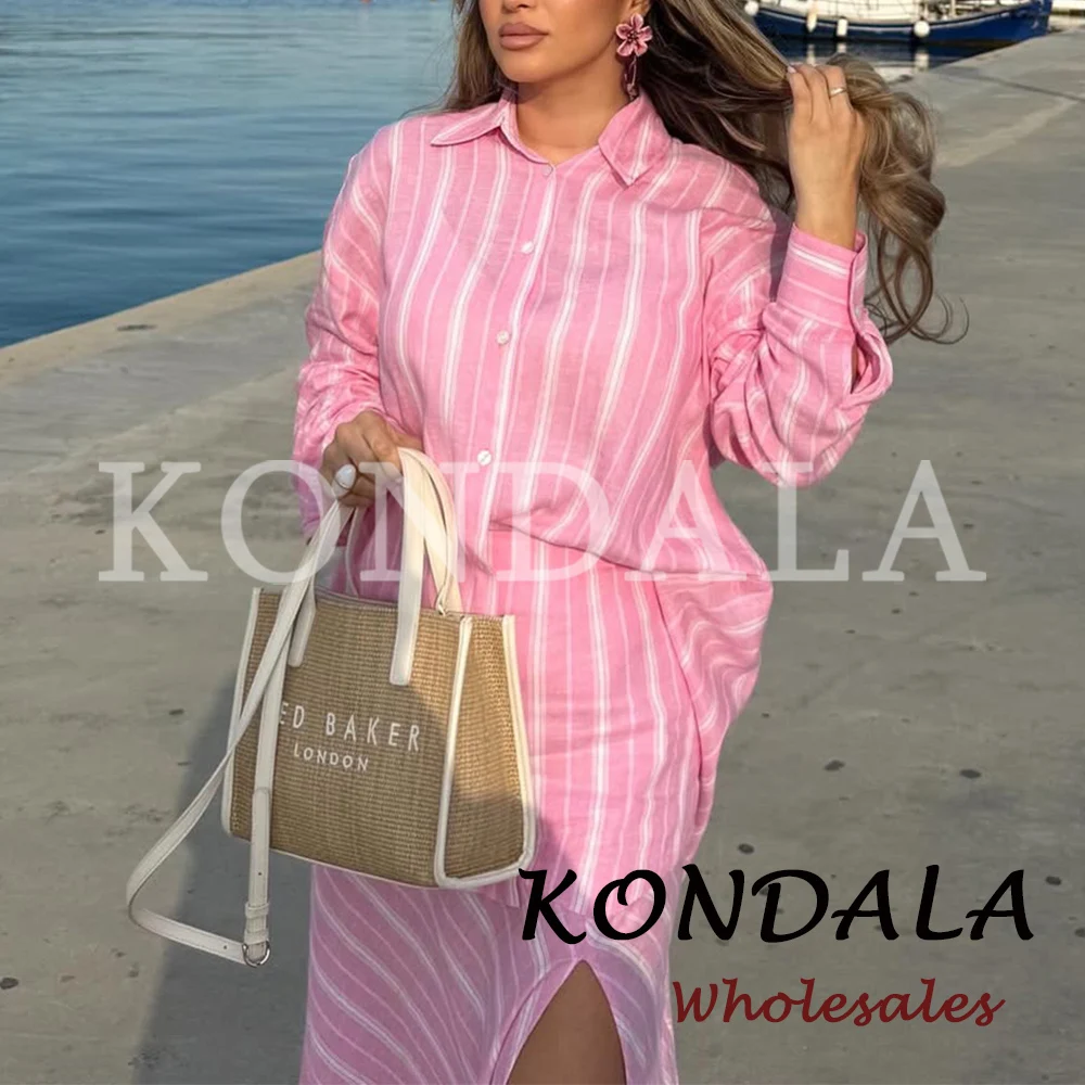 KONDALA Chic Fashion 2026 Women Pink Casual Striped Suits Single Breasted Loose Shirt+Draped Long Midi Split Skirt Female Sets view 4