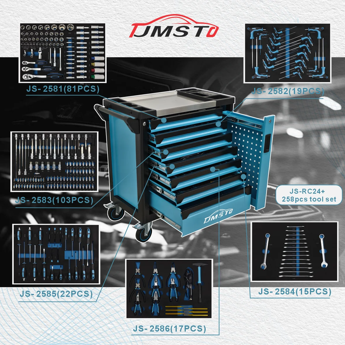 Blue 7 Drawer Rolling Tool Cabinet With 258 Pcs Hand Tool Set Heavy Duty Manual Repair Tools For Garage & Workshop Herramientas