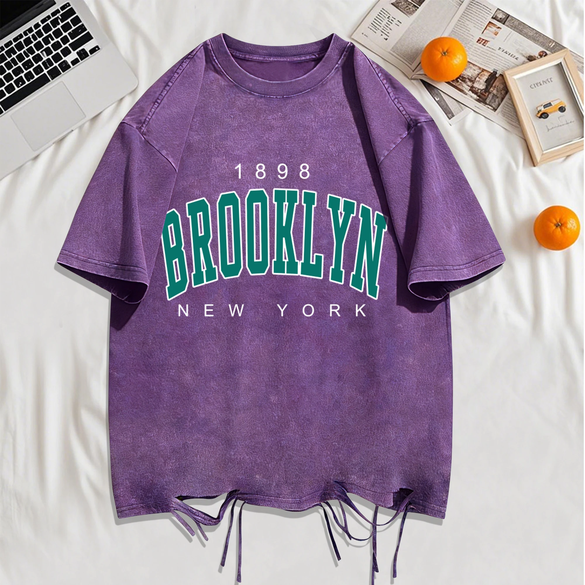 1898 Brooklyn New York Print Washed Holes T-Shirts Men Summer T-Shirt Breathable Fashion Clothing Mans Casual Cotton Streetwear