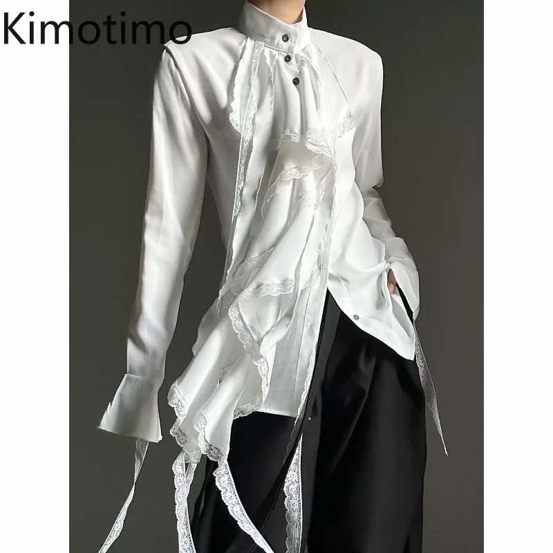 Kimotimo Lolita White Shirts Women Vintage Palace Style Lace Ruffles Long Sleeve Tops Autumn Elegant Fashion Button Up Blouse