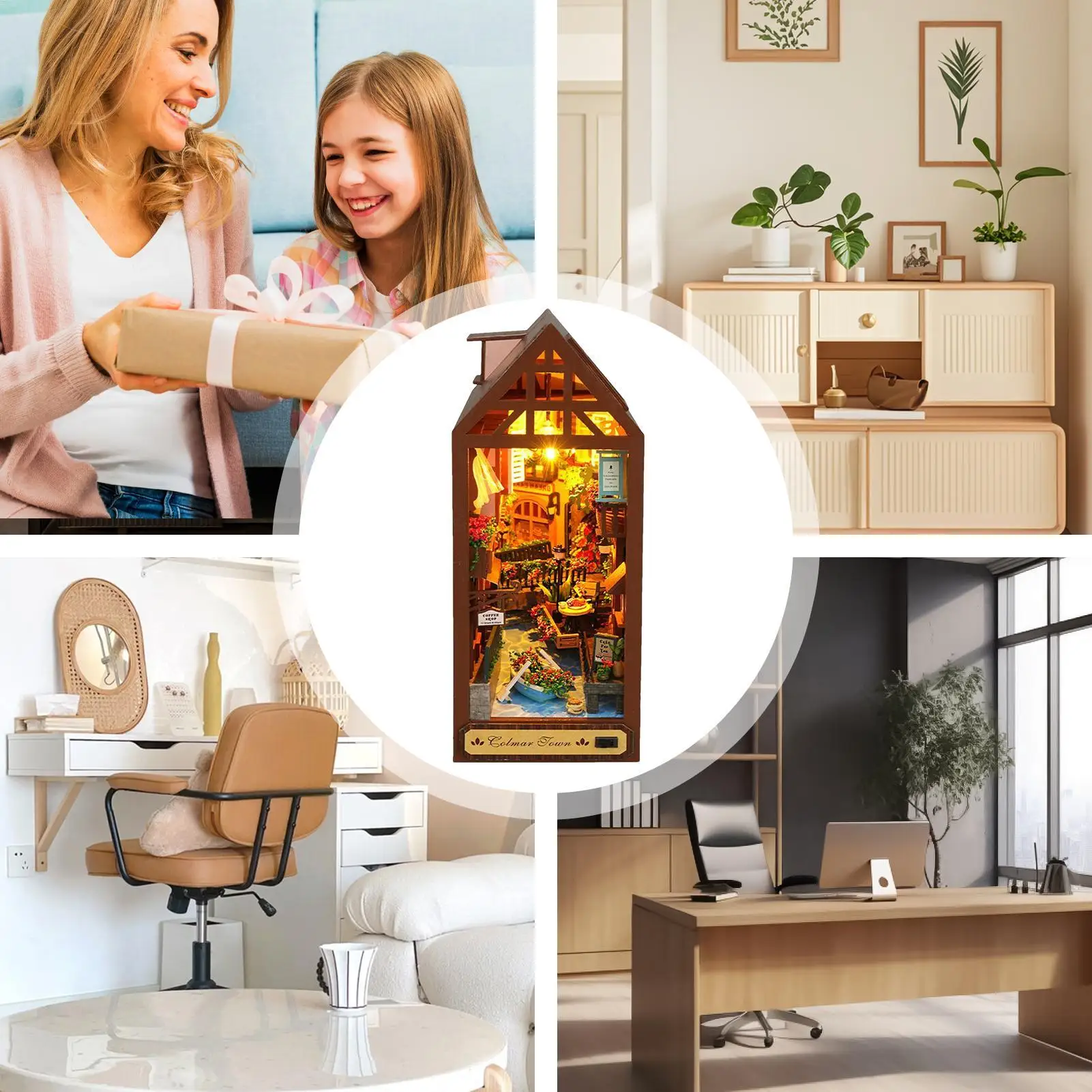 ชุดตัวต่อไม้ 3 มิติ รูปทรงบ้านพร้อมไฟ LED ตกแต่งโต๊ะทำงาน เหมาะสำหรับเด็กและผู้ใหญ่ ใช้ในห้องเด็กเล็ก ห้องเล่น ห้องอ่านหนังสือ ห้องนอน ห้องสมุด หรือตกแต่งในเทศกาลฮาโลวีน