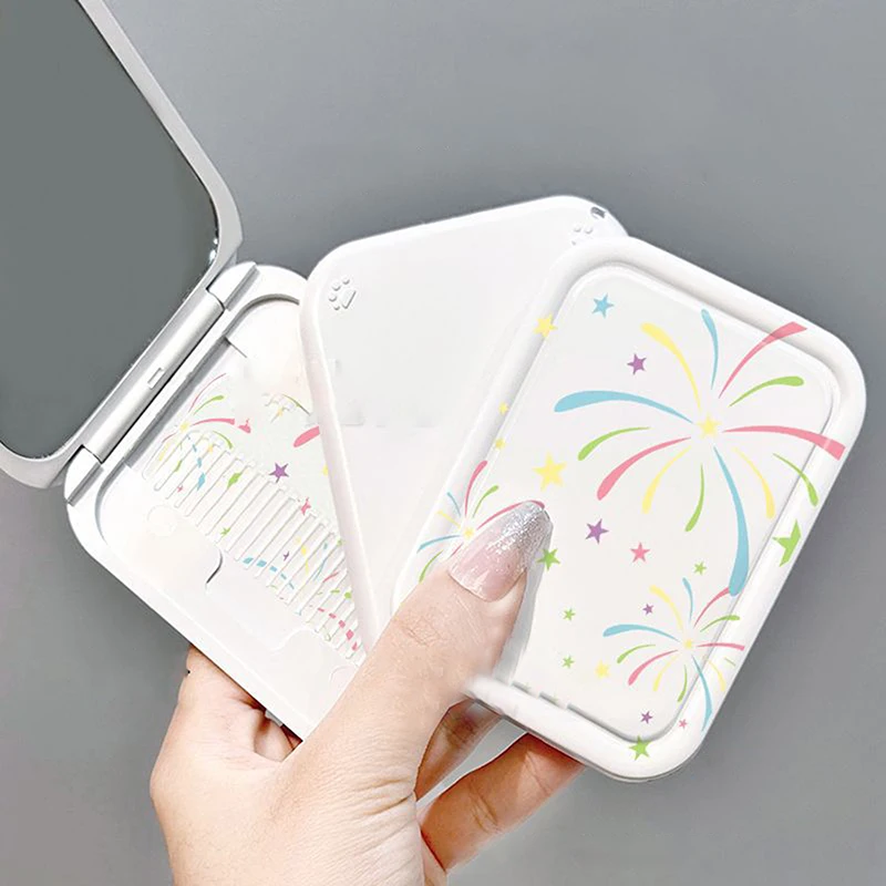 Mini specchio per trucco pieghevole con fuochi d'artificio colorati con pettine portatile carino per mini specchio per trucco portatile da donna