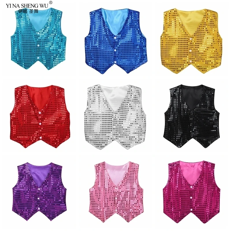 Jazz Dance Costume Boys Girls Sequined Vest Children Dancewear Performance Waistcoat Modern Dancing Clothes Sleeveless Vest