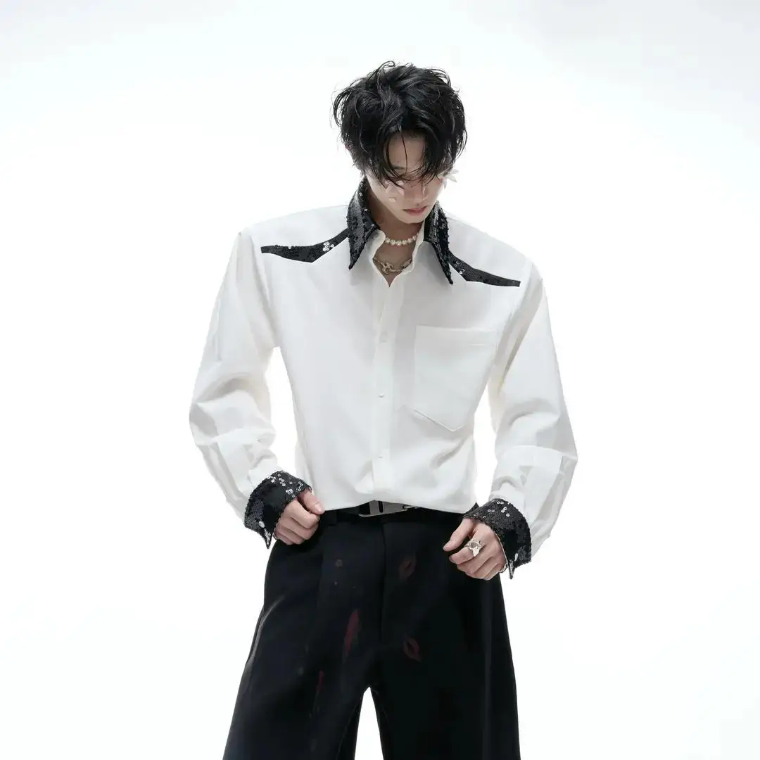 New Long-sleeved Men's Shirt Stylish Contrasting Spring Autumn Rockabilly Sequin Trendy Cool Unique Blouse Shirts Hiphop Blue