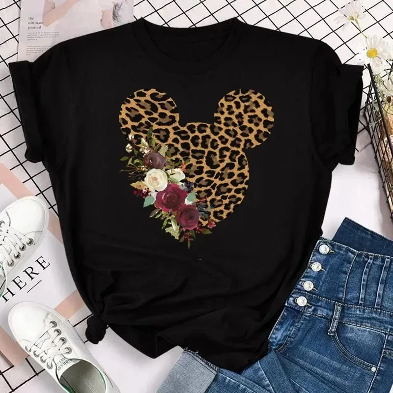 New Men's and Women's Fashion Heart Minnie Print Unisex T-shirt Street Clothing Kawaii Mouse Head Black T-shirt Women's Top