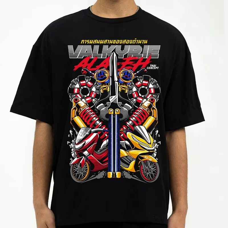 

2025 New Japanese Summer Motorcycle Graphic T-Shirt Men's Premium Pure Cotton Round Neck Loose Fit American Style Short Sleeve