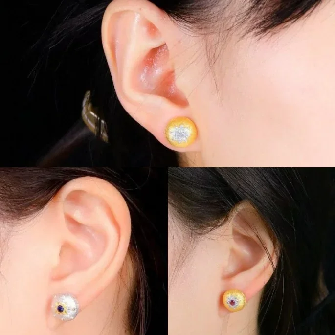 

Vintage Fashion 925 Silver Rigato Ruby Sapphire Diamond Ear Stud Segrinato Tulle Tiny Round Earrings Ornato Au750 Fine Jewelry
