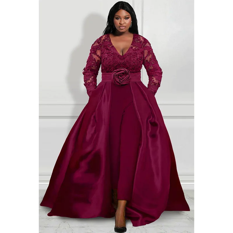 Donne Design Plus Size tuta formale bordeaux raso scollo a v pizzo manica lunga gonna Overlay tuta abiti para mujer