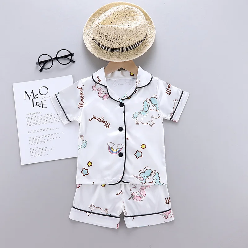 2024 Summer New Baby Boys Girls Pajamas Cartoon Unicorn T-shirt + Short Pants 2Pcs Suit For 1-5 Years Old Kids Clothing Set