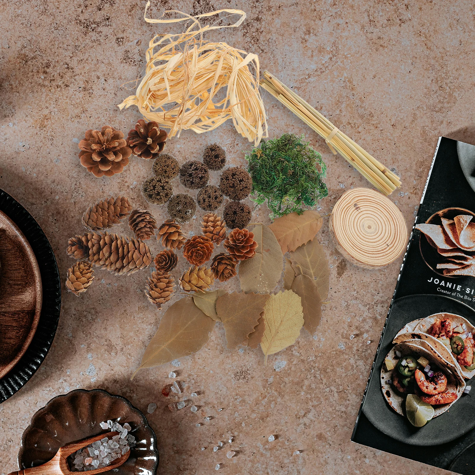 

1Set Retro Photography Props Premium Wooden Adornment for Food Photo and Creative Shoots Lifelike Pine Cone Leaf Background