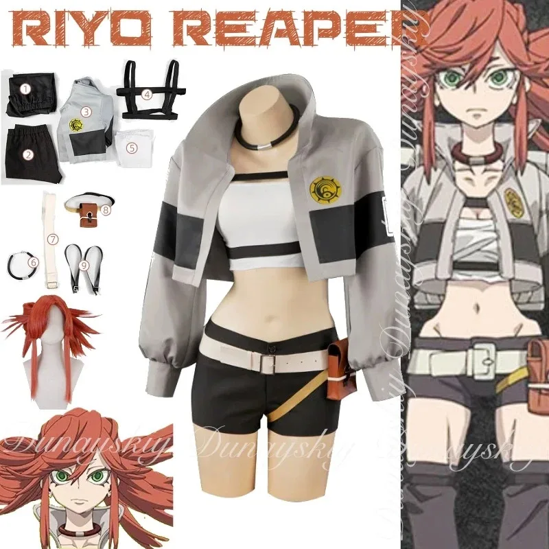 

GACHIAKUTA Riyo Reaper с длинными грязными красными волосами, завязанными в боковой петлей с толстым костюмом для косплея, полный костюм в стиле аниме