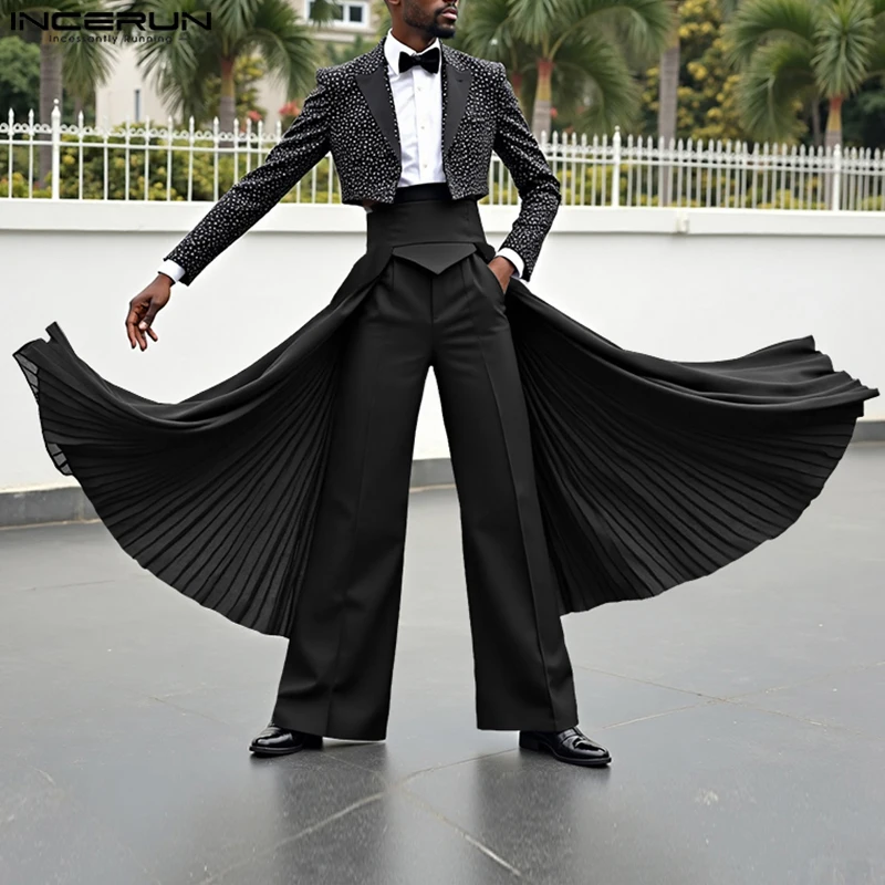 

INCERUN мужские брюки нестандартной формы плиссированные брюки для бега с высокой талией мужские уличные свободные модные повседневные мужские широкие брюки S-5XL