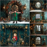 Winter Christmas Photography Background Green Wall Window Curtain Xmas Tree Kids Family Portrait Decor Backdrop for Photo Studio
