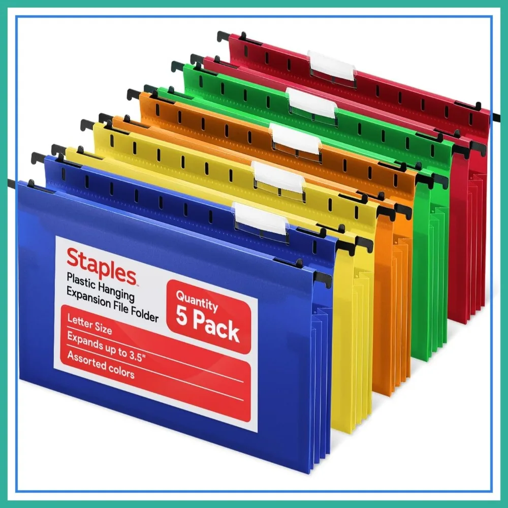 

Staples Poly Expanding Hanging File Pockets, Letter Size, Assorted Colors, 5-Pack