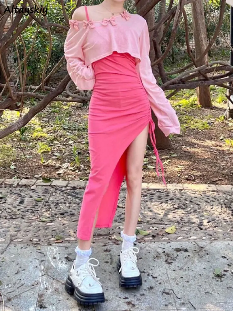 

Sets Women Pink Sun-proof Crop Tops Sheath Midi Dress Shirring Hotsweet Slit Irregular Fashion Spaghetti Strap Temperament Chic