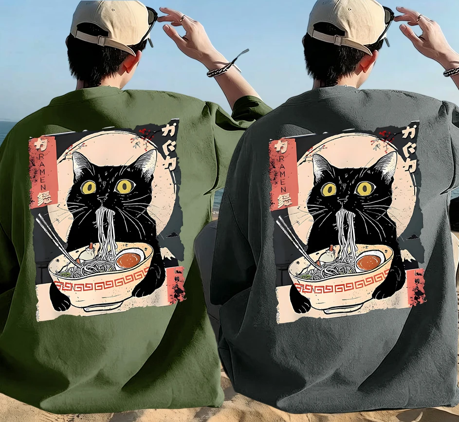 

Cat Likes To Eat Noodles And Daydream Prints Summer Basics Cotton T Shirt Sets Man Comfy All-Match Short Sleeve Loose Youth Top