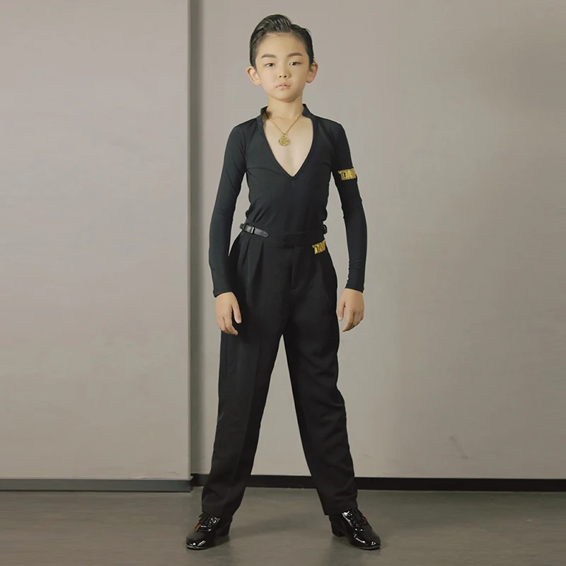 

Latin Dance Performance Wear For Boys ChaCha Dancing Practice Clothes Black V-Neck Tops Pants Rumba Competition Costume DL11464