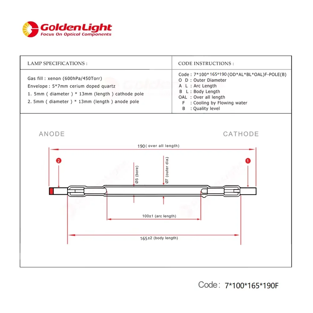 For Q-Switched ND:YAG Laser Lamp / Size 7*100*165*190F-Pole / Xenon Arc Flash Lamp For 1064nm and 532nm YAG Laser