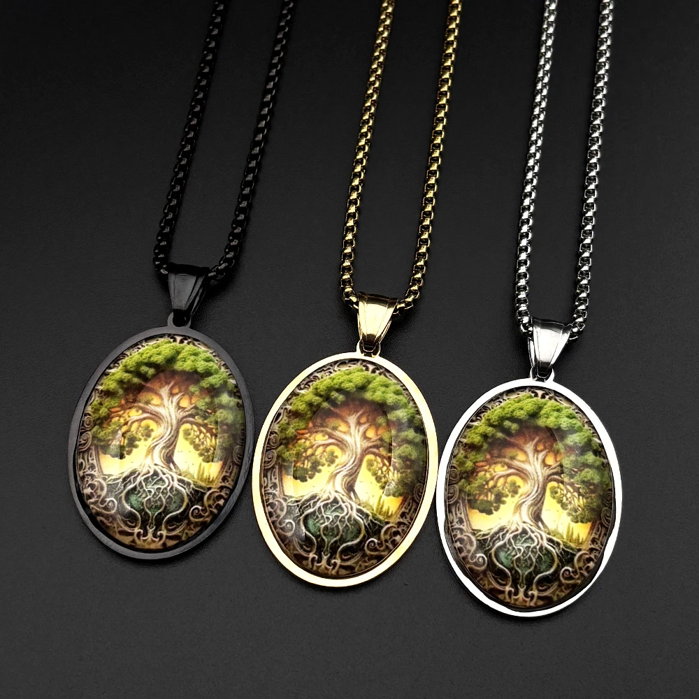 Vintage Tree Of Life Oval Necklace Stainless Steel Silver Color Celtic Pattern Family Tree Pendant Chain Love Jewelry Gift