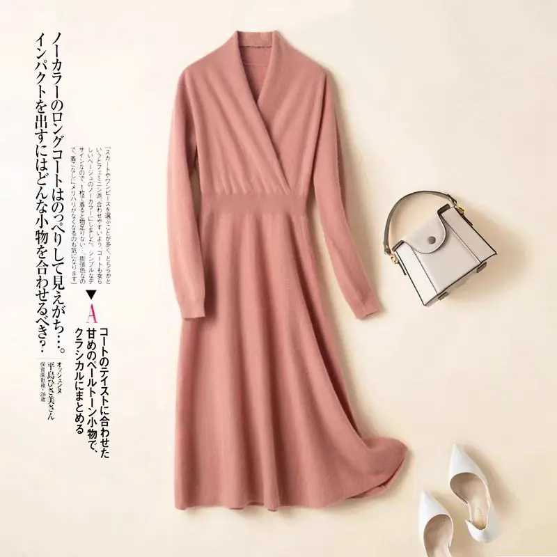 High-grade 100% Cashmere Sweater Knit Dress Winter/Autumn Women V-Neck Knitwear Female Dresses Long Style Pullover Girl Clothes