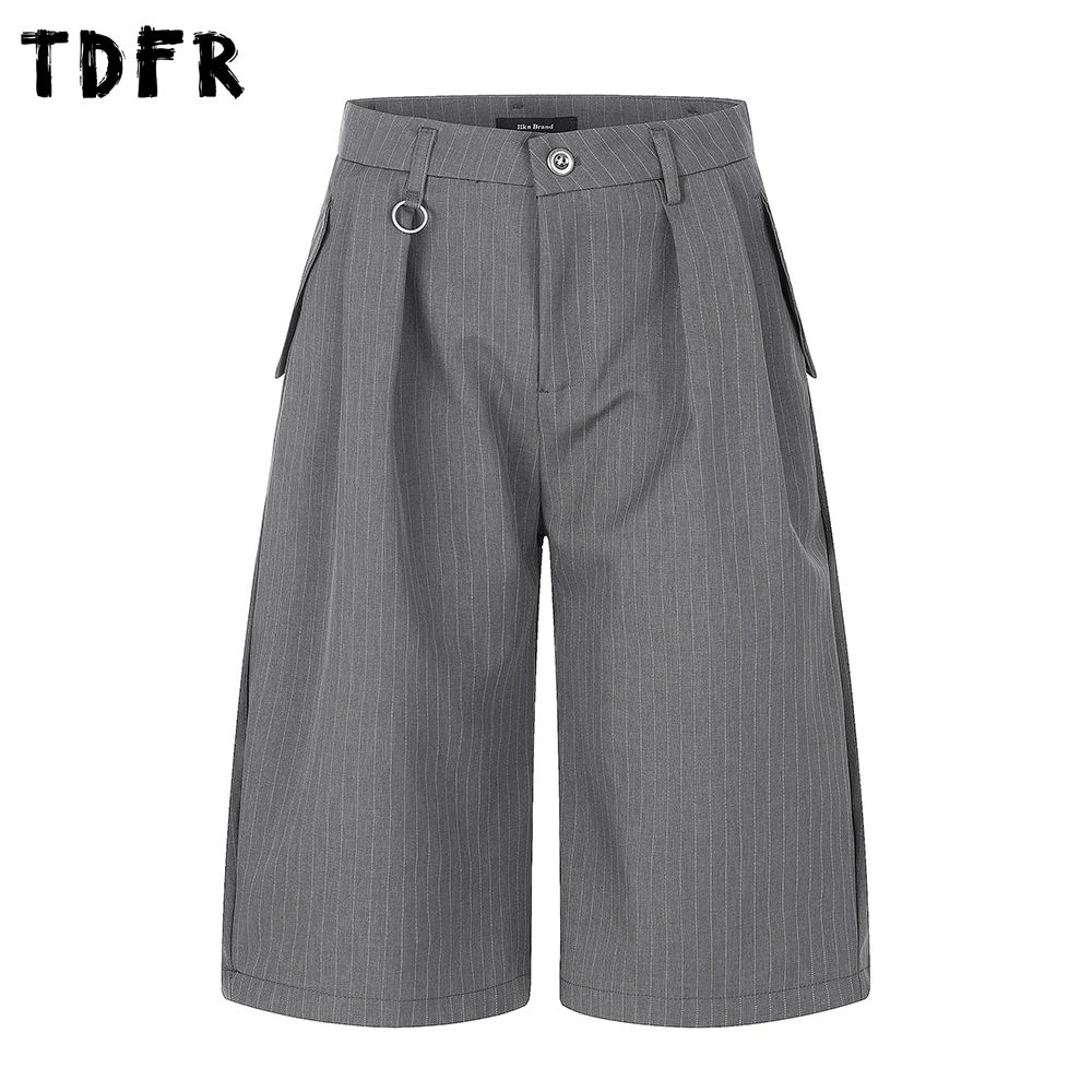 

Retro Stripes Tailored Shorts Mens Summer Pleated Casual Baggy Wide Leg Capri Pants Man