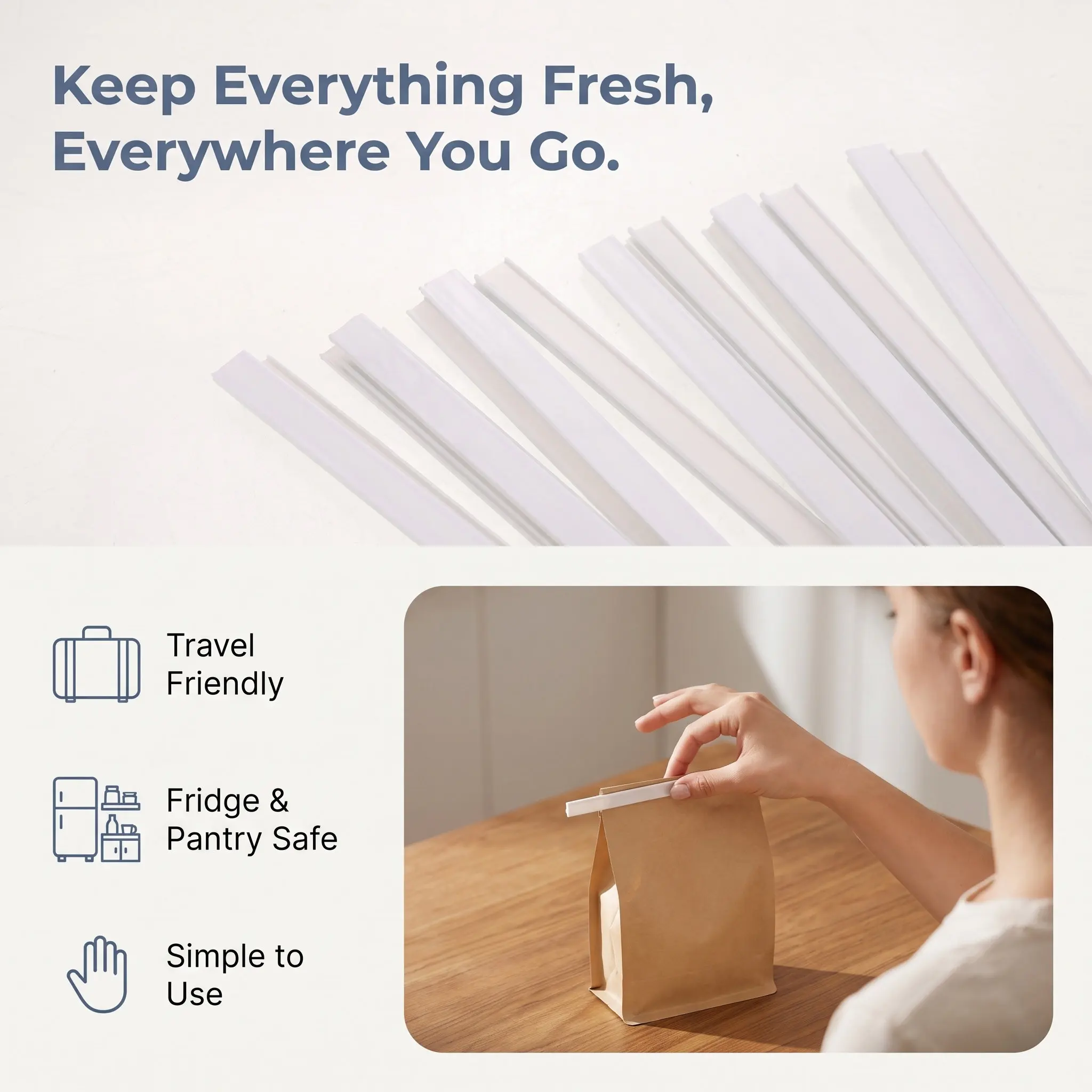 100Pcs Peel and Stick Food Sealing Clips Resealable Bread Coffee Snack Bag Closure Strip Airtight Moisture Spill Prevention