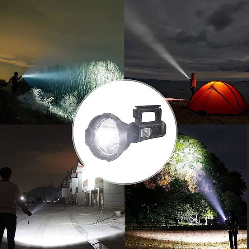 LED Rechargeable Spotlight High Lumens Super Bright Flashlight with 4 Modes IPX5 Waterproof Large Searchlight with Tripod