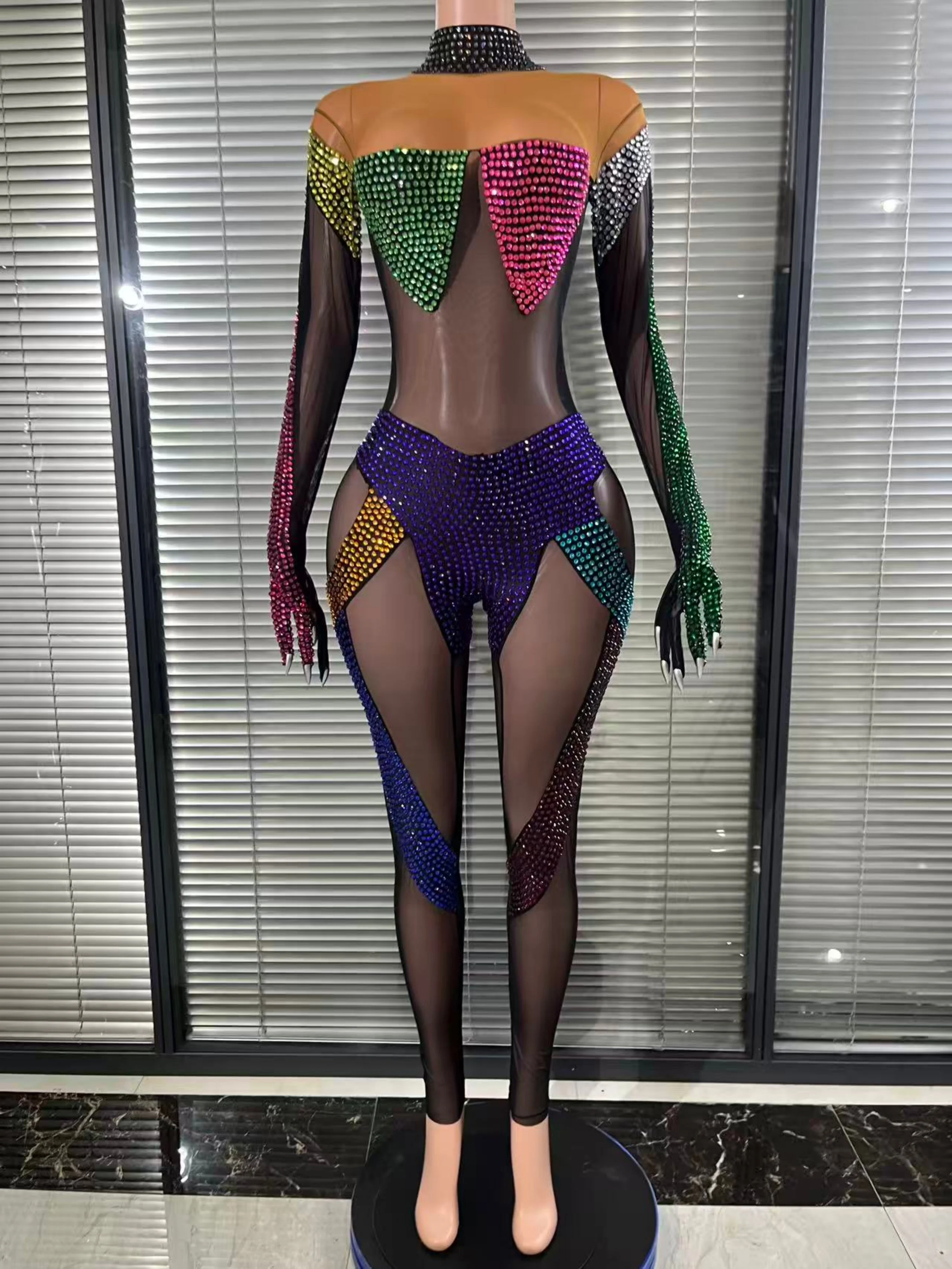 

Avant-Garde Sparkly Colorful Rhinestones Jumpsuit Women Sexy Mesh Transparent Birthday Party Stage Performance Photoshoot Costu