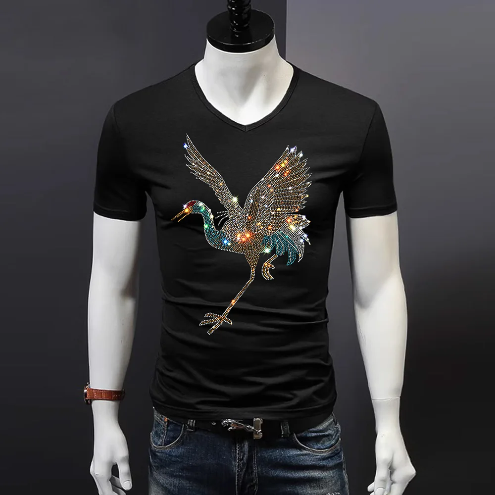 2024 High Quality Red-Crowned Crane Rhinestones Men\'s Short Sleeve T shirts Cotton S-5XL Flying Birds Print O Neck Tees