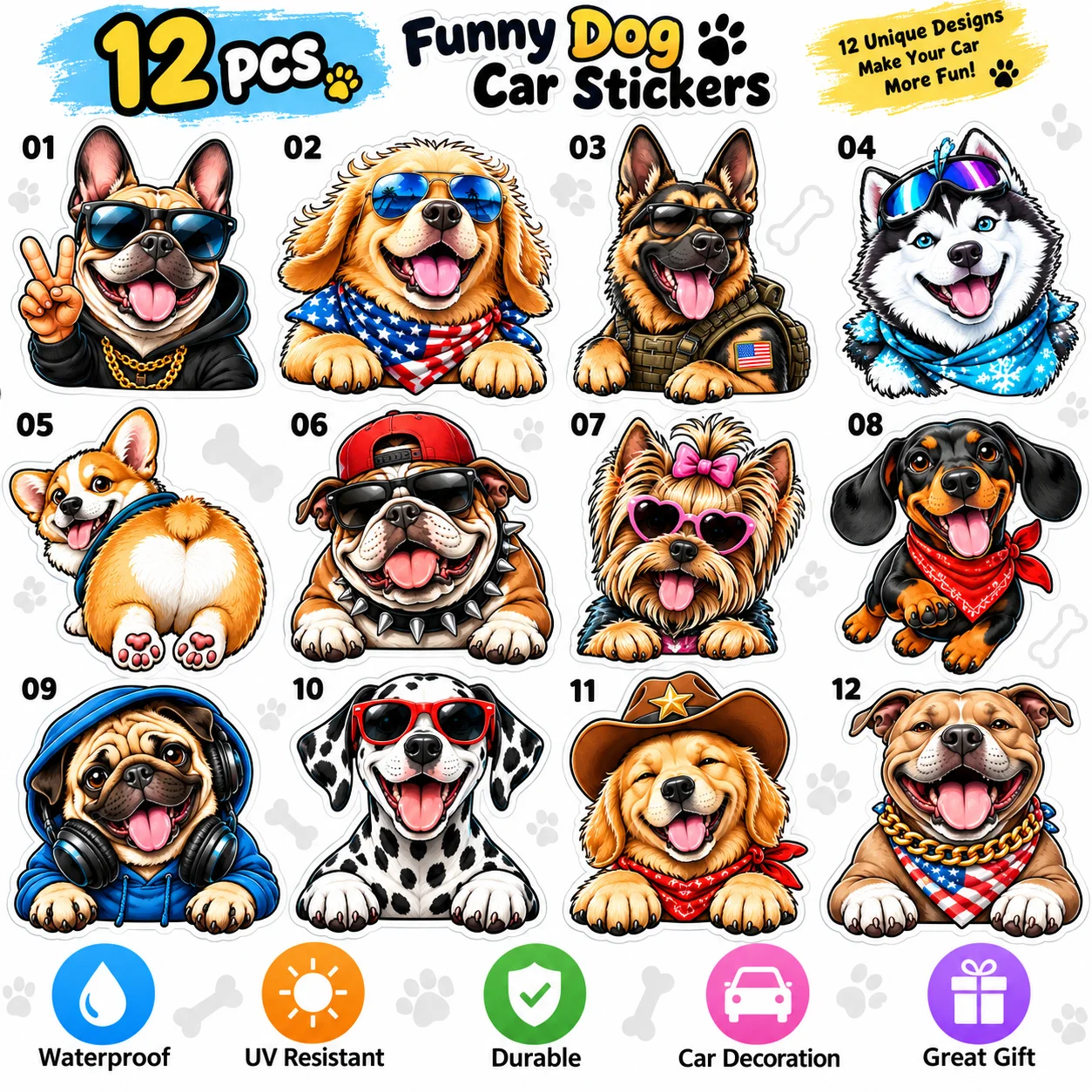 Cartoon Dog Car Decal, 12 Cute Puppy Designs, Waterproof Reflective Vinyl Sticker for Car Window Body Decoration 13.5cm 1 PCS