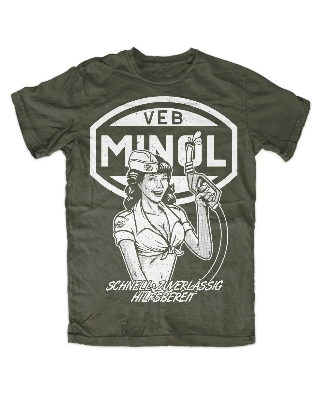 VEB MINOL Pin Up T Shirt Oliv S 5XL Ostalgie Retro L60 GDR Pirol