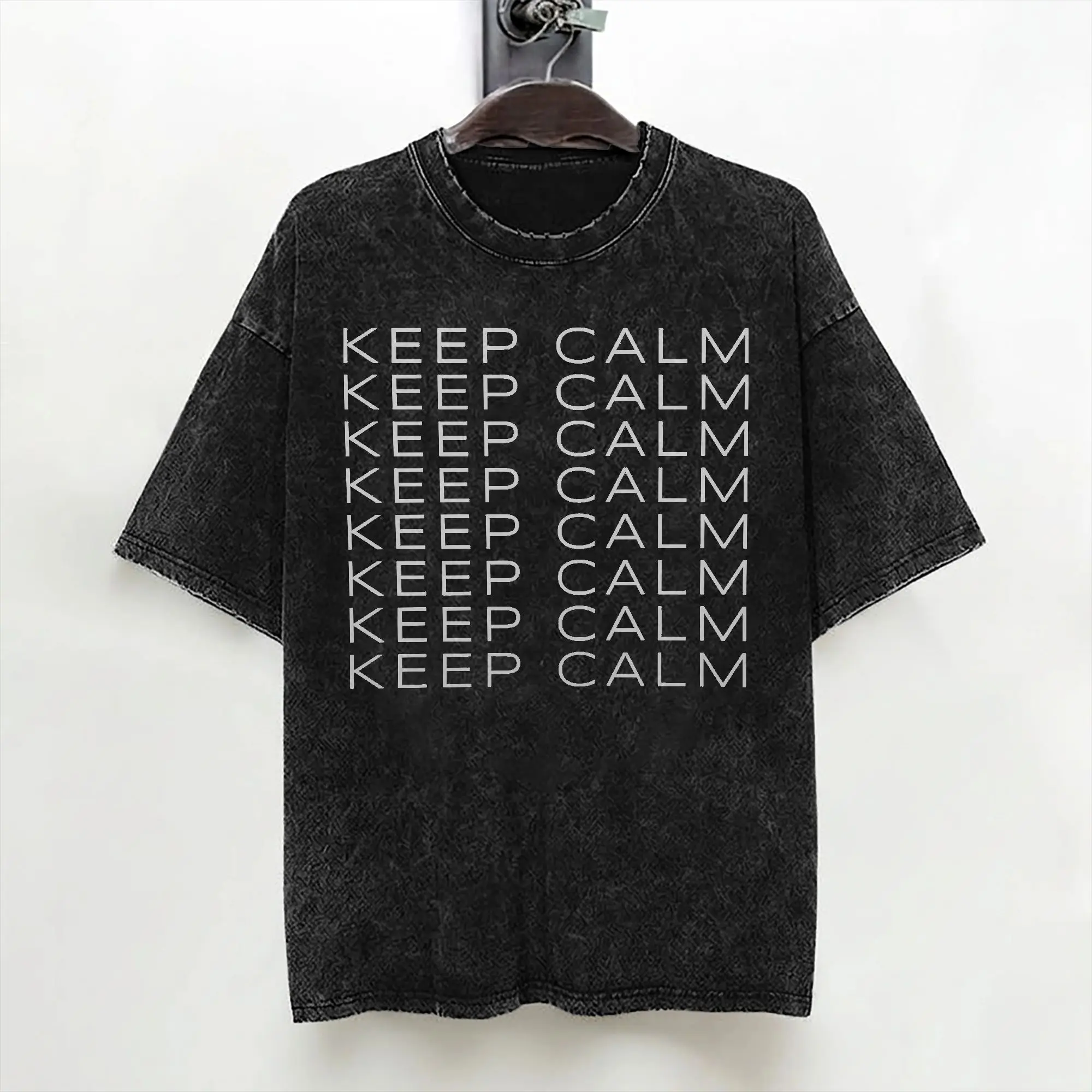 Washed T Shirt Keep Calm Positivity Mantra Mental Health Hip Hop T-Shirt Harajuku Streetwear Short Sleeve Printed Tops Tees Men