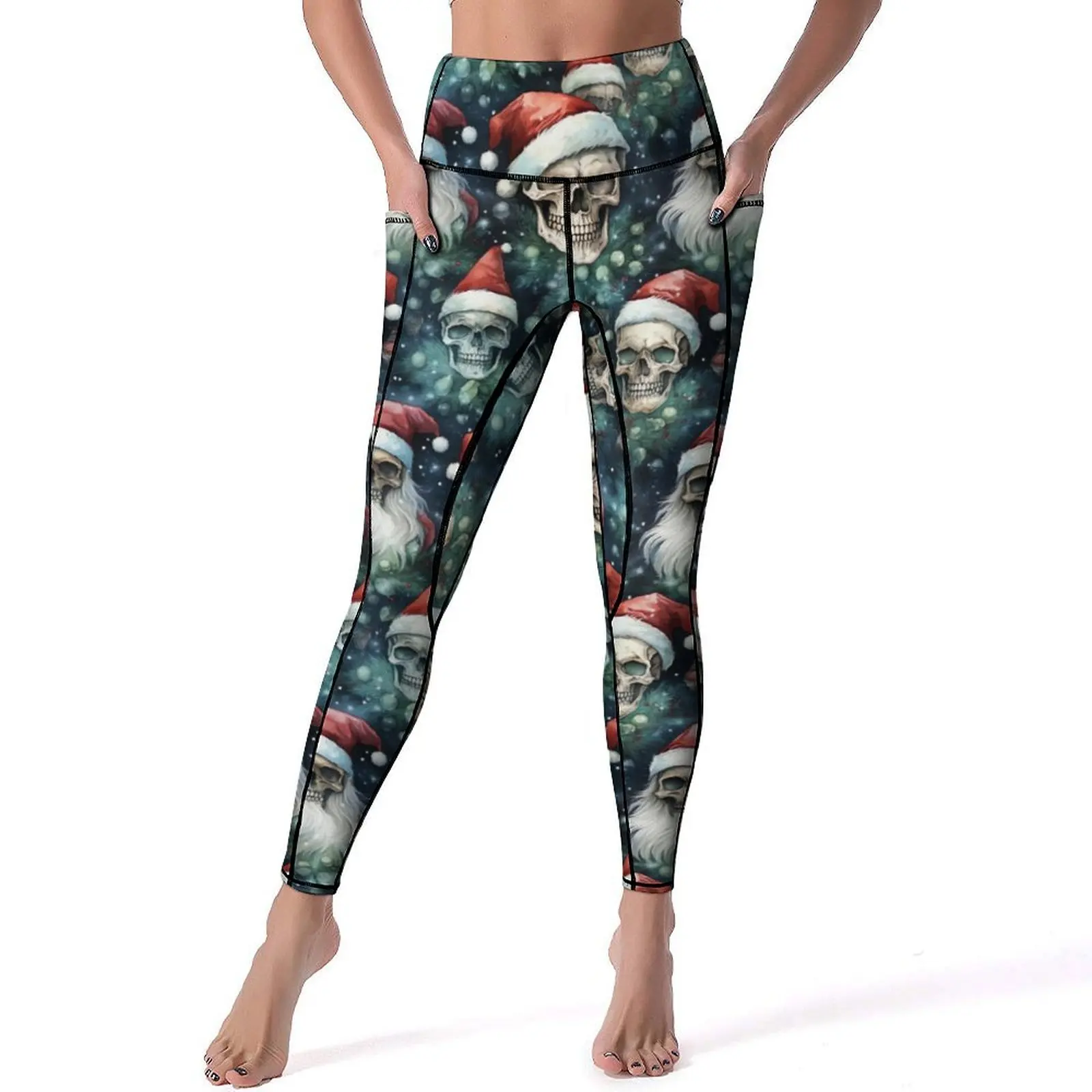 Leggings Gothiques Respirants de Taille Haute à vaccage Rapide, Pantalon de Yoga, Crânes de Noël, Chapeaux de Père Noël, Vert